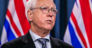 Portrait du ministre des relations avec les Autochtones et de la réconciliation, Murray Rankin, devant des drapeaux.