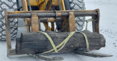 Un gros morceau de bois sur un chariot élévateur en mars 2025.