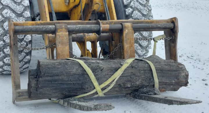 Un gros morceau de bois sur un chariot élévateur en mars 2025.