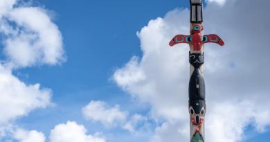Un totem avec le ciel en fond.