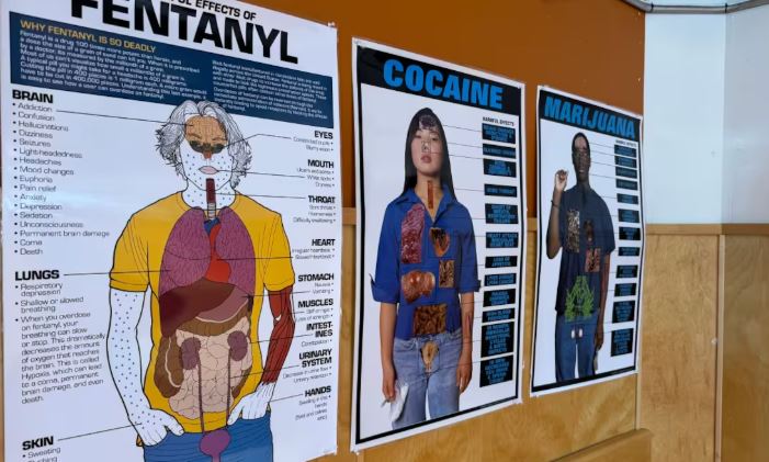 Trois affiches de sensibilation sur les effets néfastes du fentanyl, de la cocaïne et de la marijuana.