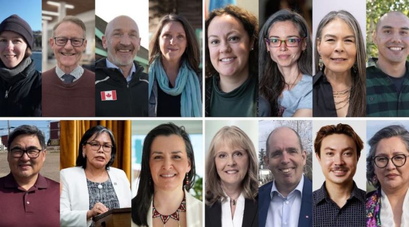 Photo montage des candidats dans le nord du Canada. Au Yukon : Gabrielle Dupont, Brendan Hanley, Ryan Leef, Katherine McCallum, Rebecca Alty, Angela Davidson, Kimberly Fairman, Kelvin Kotchilea, James Arreak, Lori Idlout, Kilikvak Kabloona, Sylvie Bérubé, Steve Corriveau, Thai Dillon, Mandy Gull-Masty.