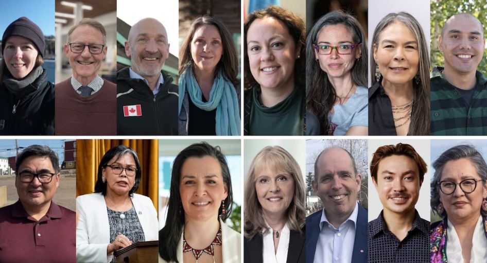 Photo montage des candidats dans le nord du Canada. Au Yukon : Gabrielle Dupont, Brendan Hanley, Ryan Leef, Katherine McCallum, Rebecca Alty, Angela Davidson, Kimberly Fairman, Kelvin Kotchilea, James Arreak, Lori Idlout, Kilikvak Kabloona, Sylvie Bérubé, Steve Corriveau, Thai Dillon, Mandy Gull-Masty.