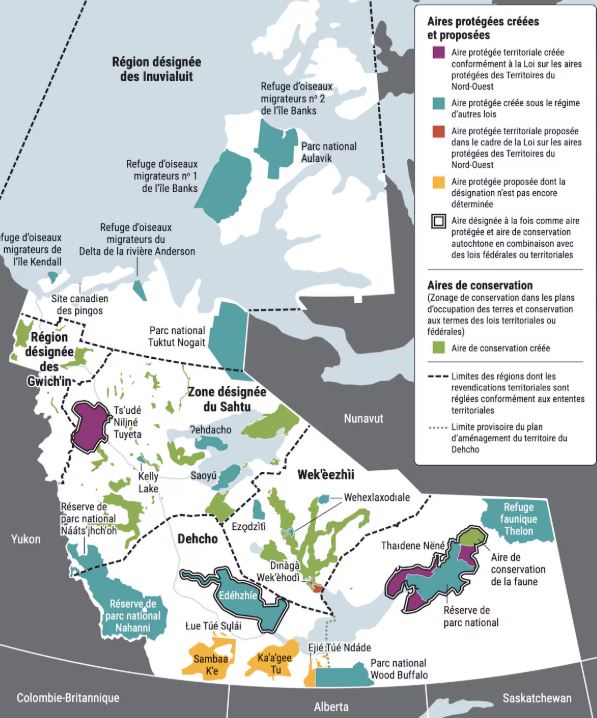 Une carte montrant le réseau de conservation terrestre des Territoires du Nord-Ouest.