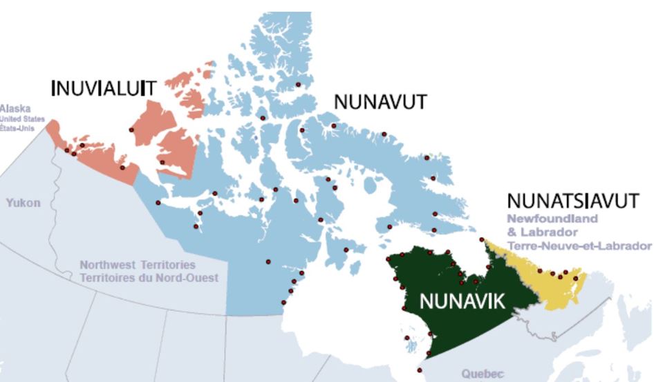 Carte du nord du Canada où sont situées les quatre régions du Nunangat.