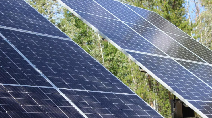 Des panneaux solaires près d'une forêt.