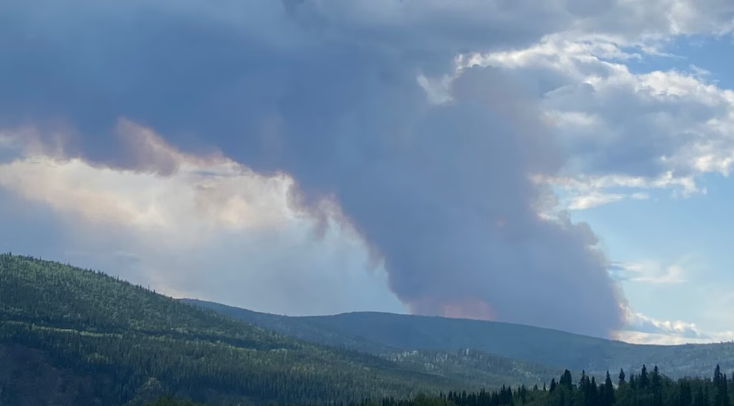 Un panache de fumée s'élève au dessus d'une zone vallonnée.