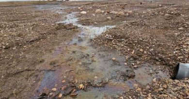 Eau huileuse au milieu de terre et de graviers.