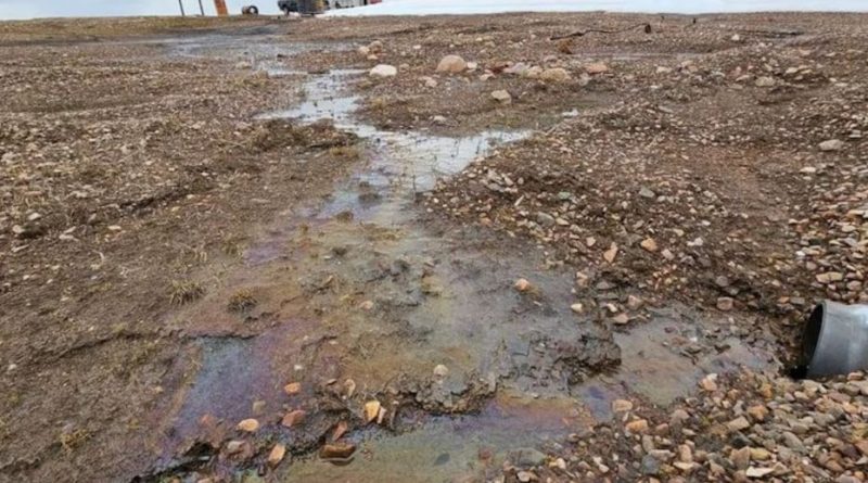Eau huileuse au milieu de terre et de graviers.