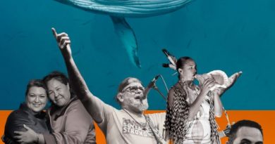Affiche montrant cinq artistes et une baleine