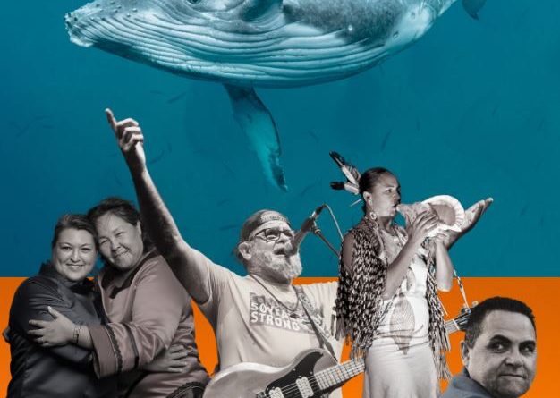 Affiche montrant cinq artistes et une baleine
