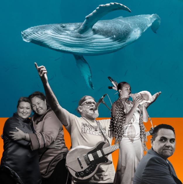 Affiche montrant cinq artistes et une baleine