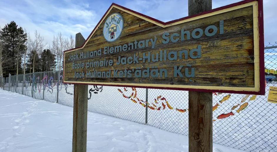 Le panneau de l'École primaire Jack Hulland à Whitehorse, au Yukon, devant une clôture décorée d'œuvres d'art.