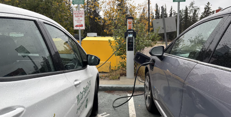 Deux véhicules électriques sont branchés sur une borne de recharge.