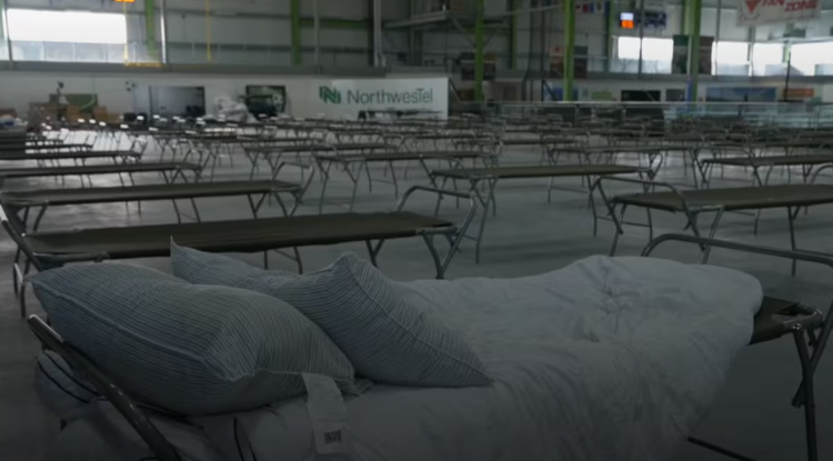 Des lits de camps dans un centre sportif.