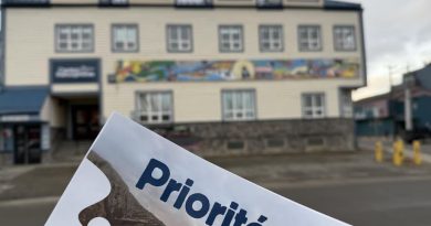 Un document des priorités de la commission scolaire avec en arrière-plan le Centre de la francophonie à Whitehorse.