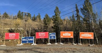 Des pancartes électorales de tous les partis sont installées sur un terrain.