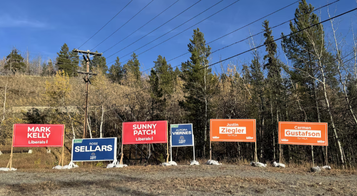 Des pancartes électorales de tous les partis sont installées sur un terrain.