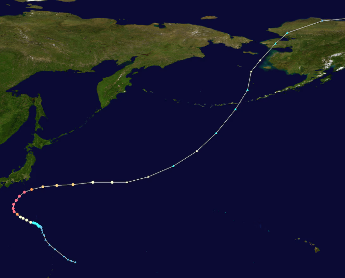 Une carte du Pacifique montre le parcours du typhon Halong.