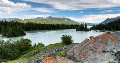 Photo d'un plan d'eau entouré d'arbres et de montagnes.