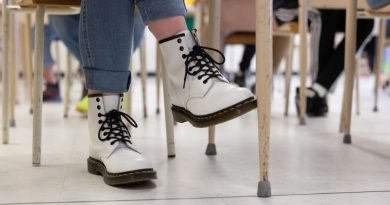 Les bottes d'une élève sous son bureau.