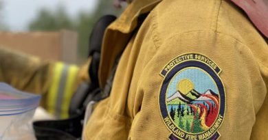 Un badge de la Section de la gestion des feux de forêt sur l'uniforme du commandant James Kathrein, le 11 juillet 2023.