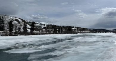 Photo du fleuve Yukon en partie gelé, avec encore de la glace et de la neige, à Whitehorse.