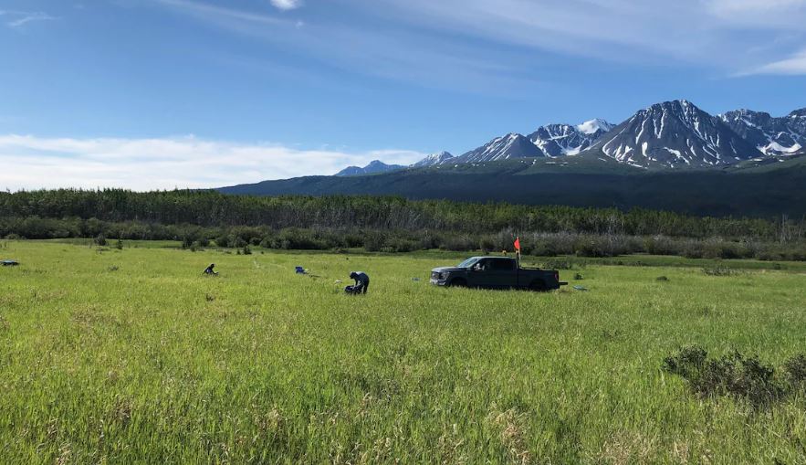 Un camion est stationné dans un champ et des gens sont affairés au sol près de celui-ci.