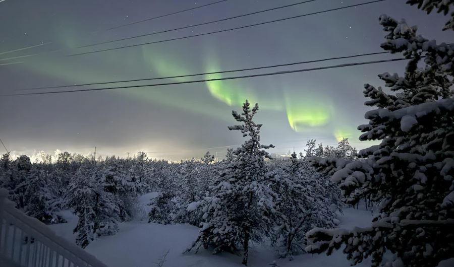 Des aurores boréales dans un décor enneigé.