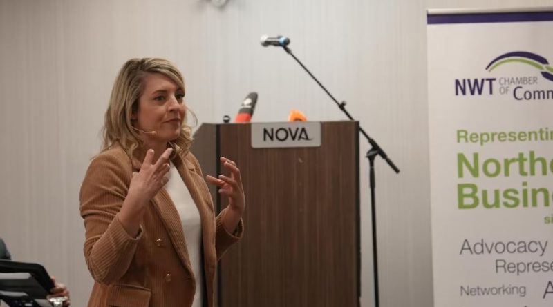La ministre Mélanie Joly parle devant un micro.