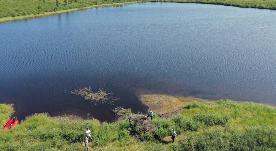 Vue aérienne de quelques chercheurs et d'une hutte de castors près d'un lac.