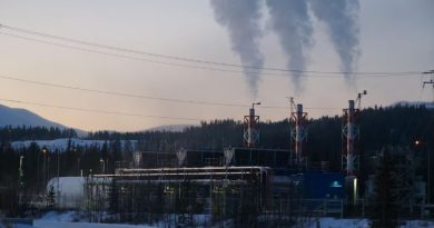 De la fumée s'échappe de cheminées derrière des fils de transmission d'électricité.