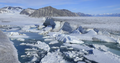 Une plateforme de glace est fracturée avec de l'eau apparente entre les morceaux.